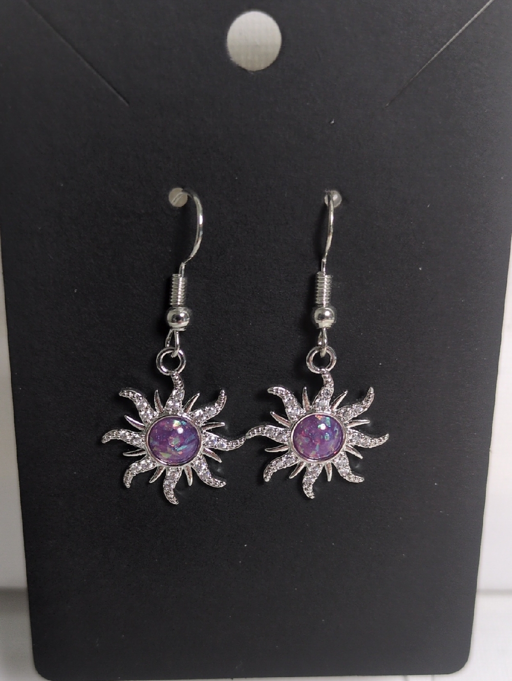 Silver Sunburst Drop Earrings with Purple Opal Center - Women Jewelry